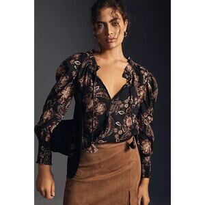 Misa Los Angeles Floral Print Long Sleeve Siena Blouse Top Black Women's Small